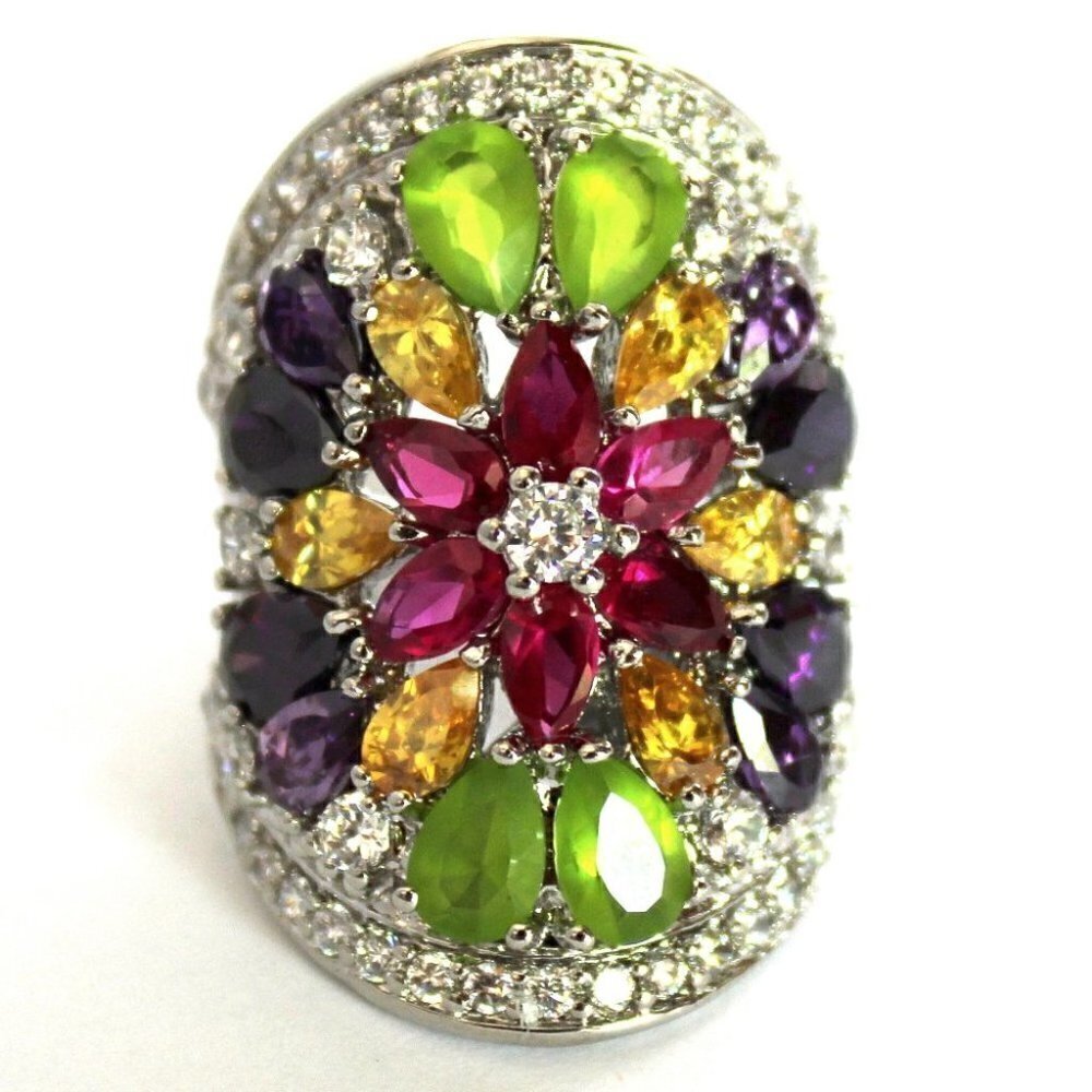 Ladies Wide Multi Citrine Rose Amethyst Clear CZ Flower Colorful Burst Ring - 7